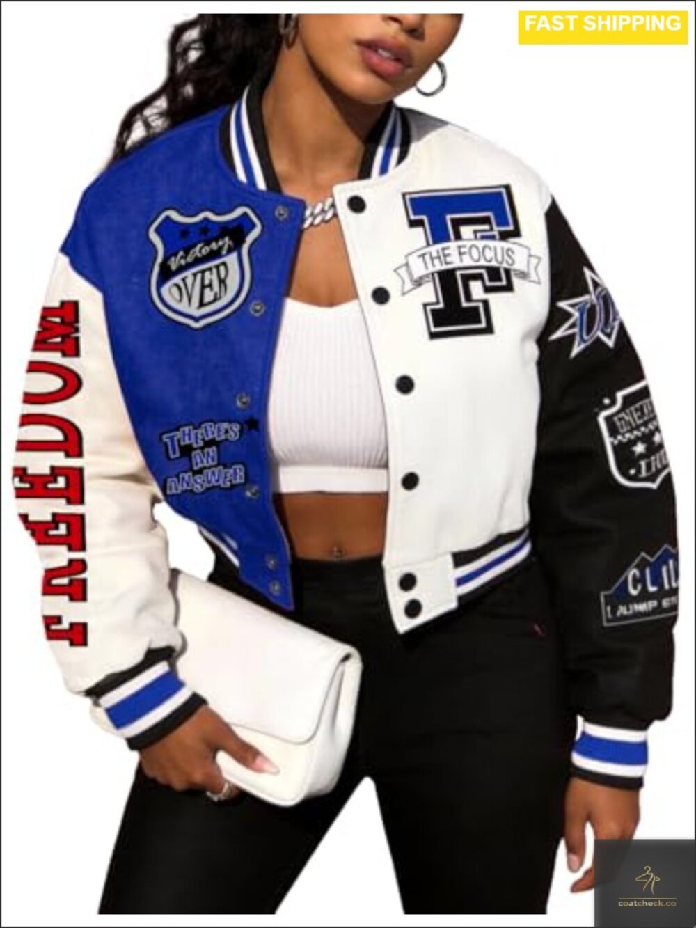 Women's Cotton Varsity Bomber Jacket Cropped Letterman Streetwear Casual